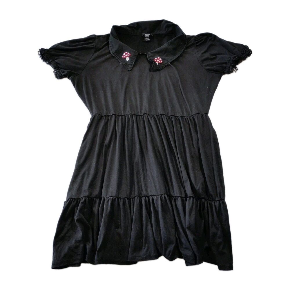 Hot Topic Lace Trim Black Tiered Dress XL Embroidered Mushroom Collar Whimsigoth